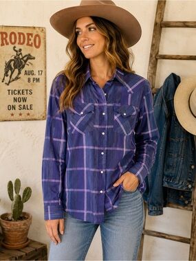 Vintage MWG Canada Purple Plaid Pearl Snap Western Shirt M